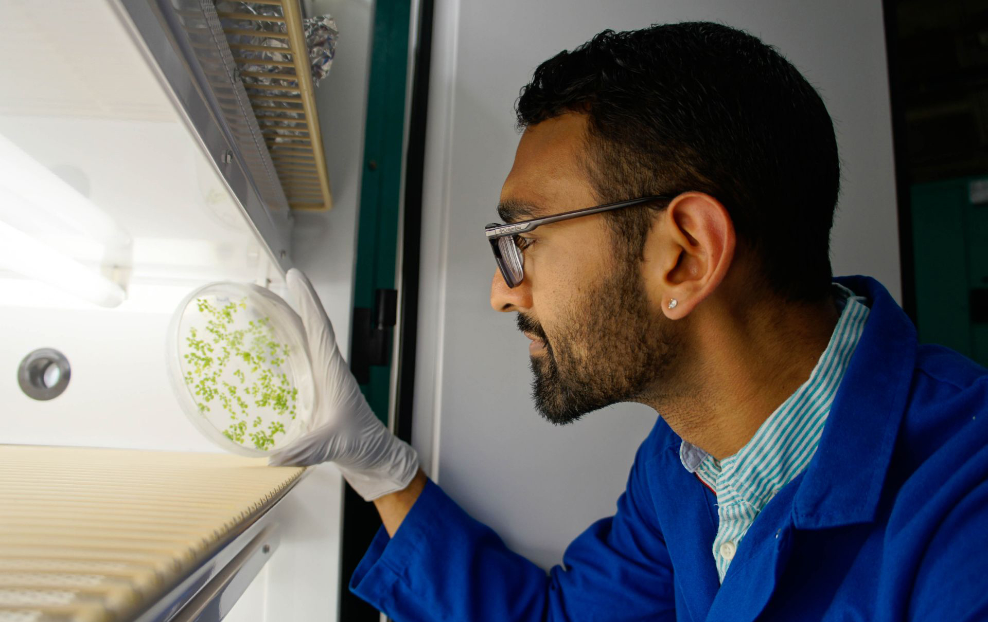 Dhruv Patel looking at a research sample